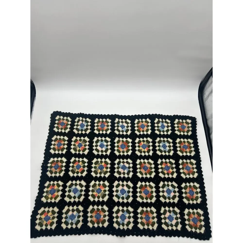 Vintage Crochet Granny Square Afghan Throw Blanket Black Multicolor 39x31 Boho